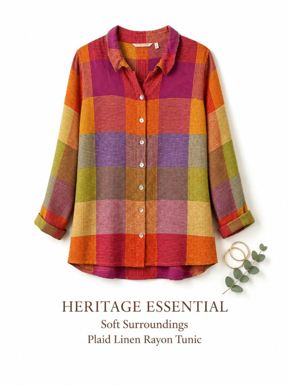 Soft Surroundings Plaid Linen Rayon Tunic Shirt L Boho Artsy Button Top